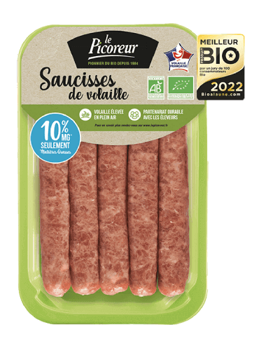 Emballage saucisses de volaille bio meileur produit de l'année - Le Picoreur